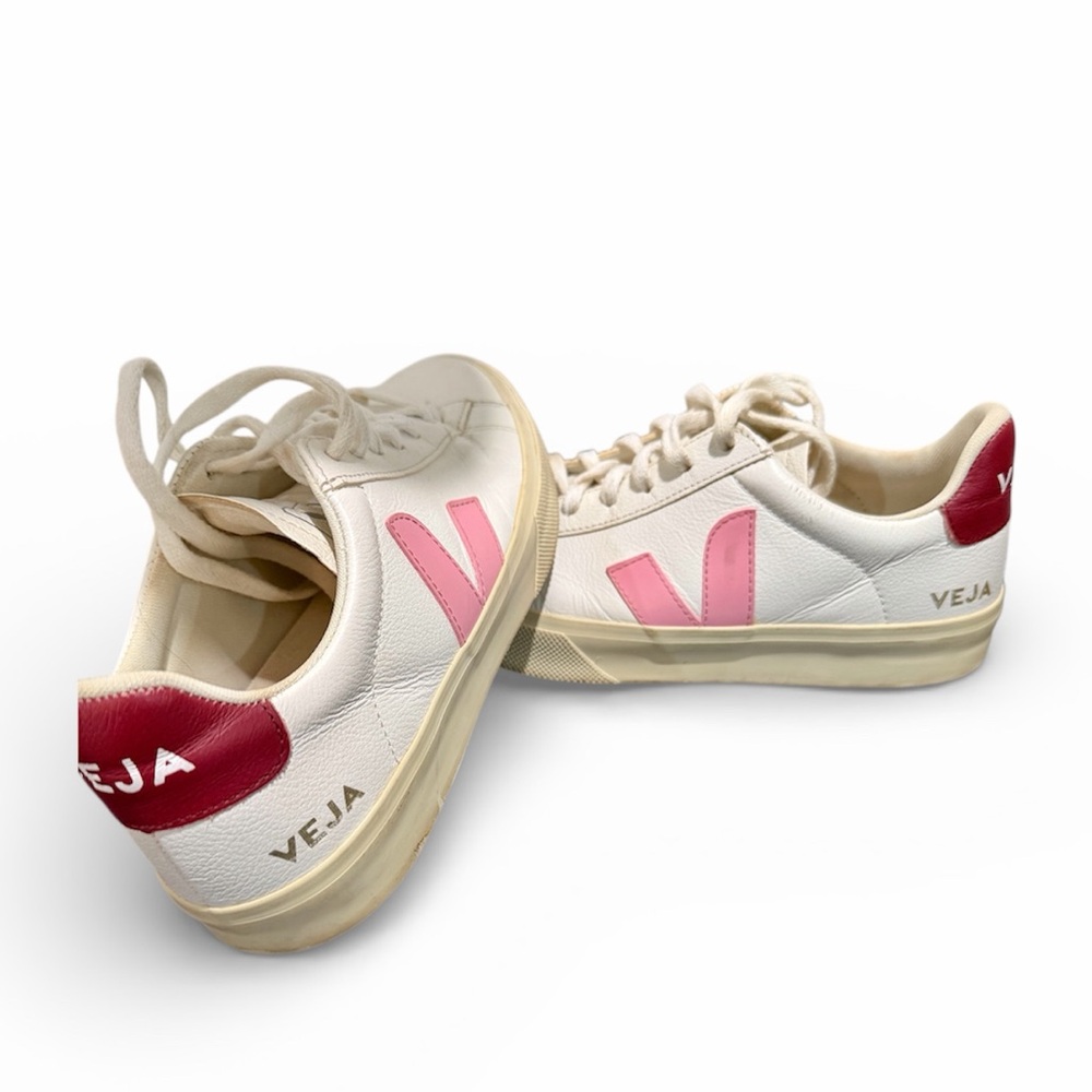 Veja Women’s White Sneakers with Pink V Logo and Red Heel